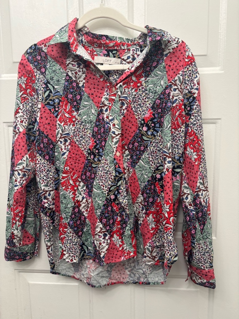 LOFT Pink Red Navy Green Floral Patchwork Button-Up